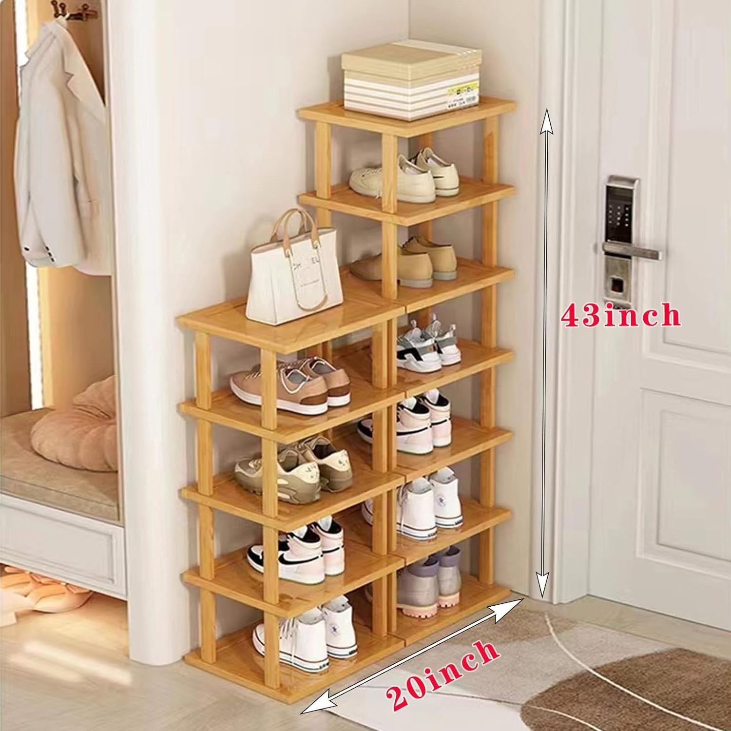 Bamboo Shoe Rack 12 Tier- Vertical Shoe Rack for Small Spaces, Tall Narrow Shoe Rack Organizer for Closet Entryway Corner Garage