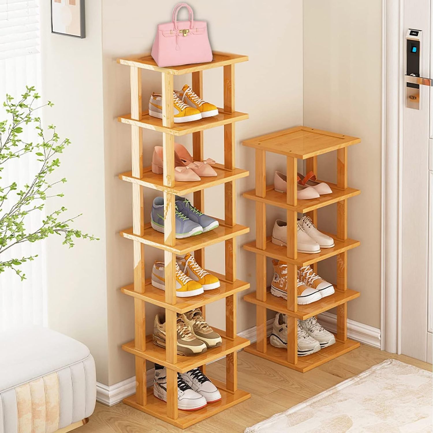 Bamboo Shoe Rack 12 Tier- Vertical Shoe Rack for Small Spaces, Tall Narrow Shoe Rack Organizer for Closet Entryway Corner Garage