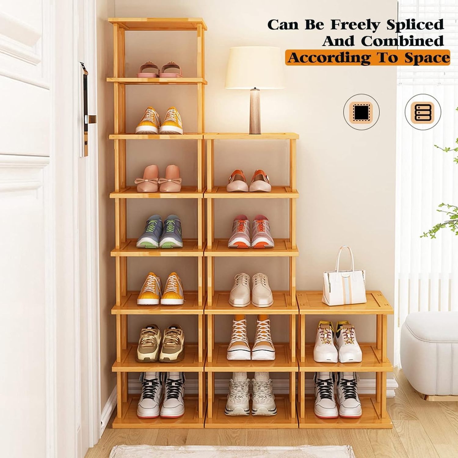 Bamboo Shoe Rack 12 Tier- Vertical Shoe Rack for Small Spaces, Tall Narrow Shoe Rack Organizer for Closet Entryway Corner Garage