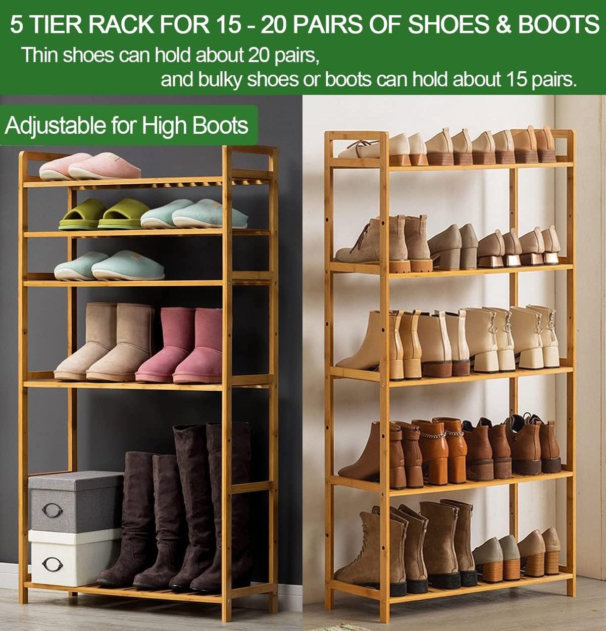 Wooden Shoe Rack 5 Tier | Adjustable Boot Rack for Closet | Bamboo & Wood Sturdy Versatile Storage Organizer Shelf for Entryway