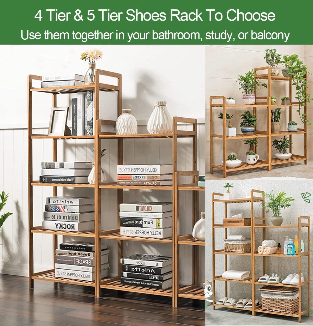 Wooden Shoe Rack 5 Tier | Adjustable Boot Rack for Closet | Bamboo & Wood Sturdy Versatile Storage Organizer Shelf for Entryway