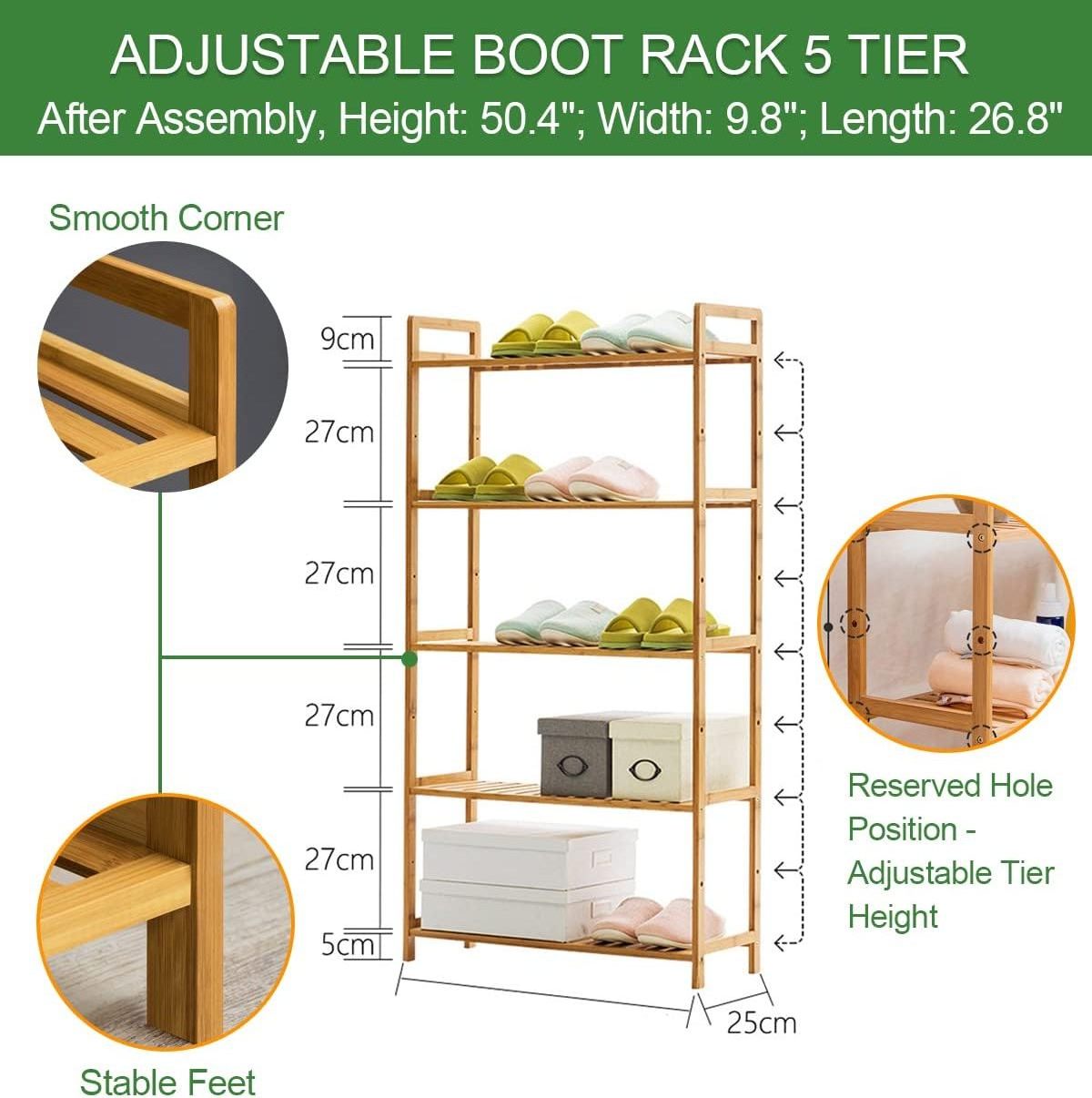 Wooden Shoe Rack 5 Tier | Adjustable Boot Rack for Closet | Bamboo & Wood Sturdy Versatile Storage Organizer Shelf for Entryway