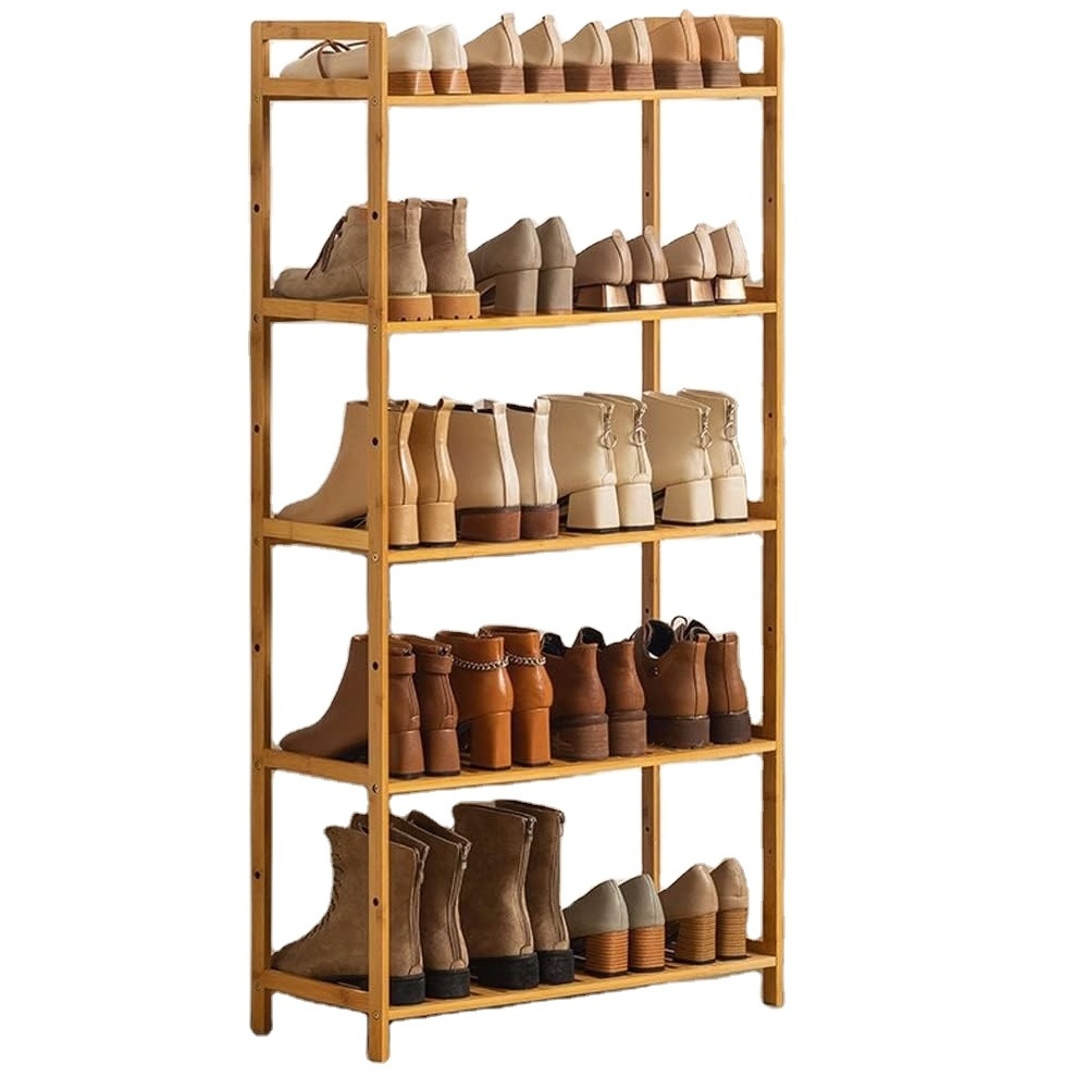 Wooden Shoe Rack 5 Tier | Adjustable Boot Rack for Closet | Bamboo & Wood Sturdy Versatile Storage Organizer Shelf for Entryway