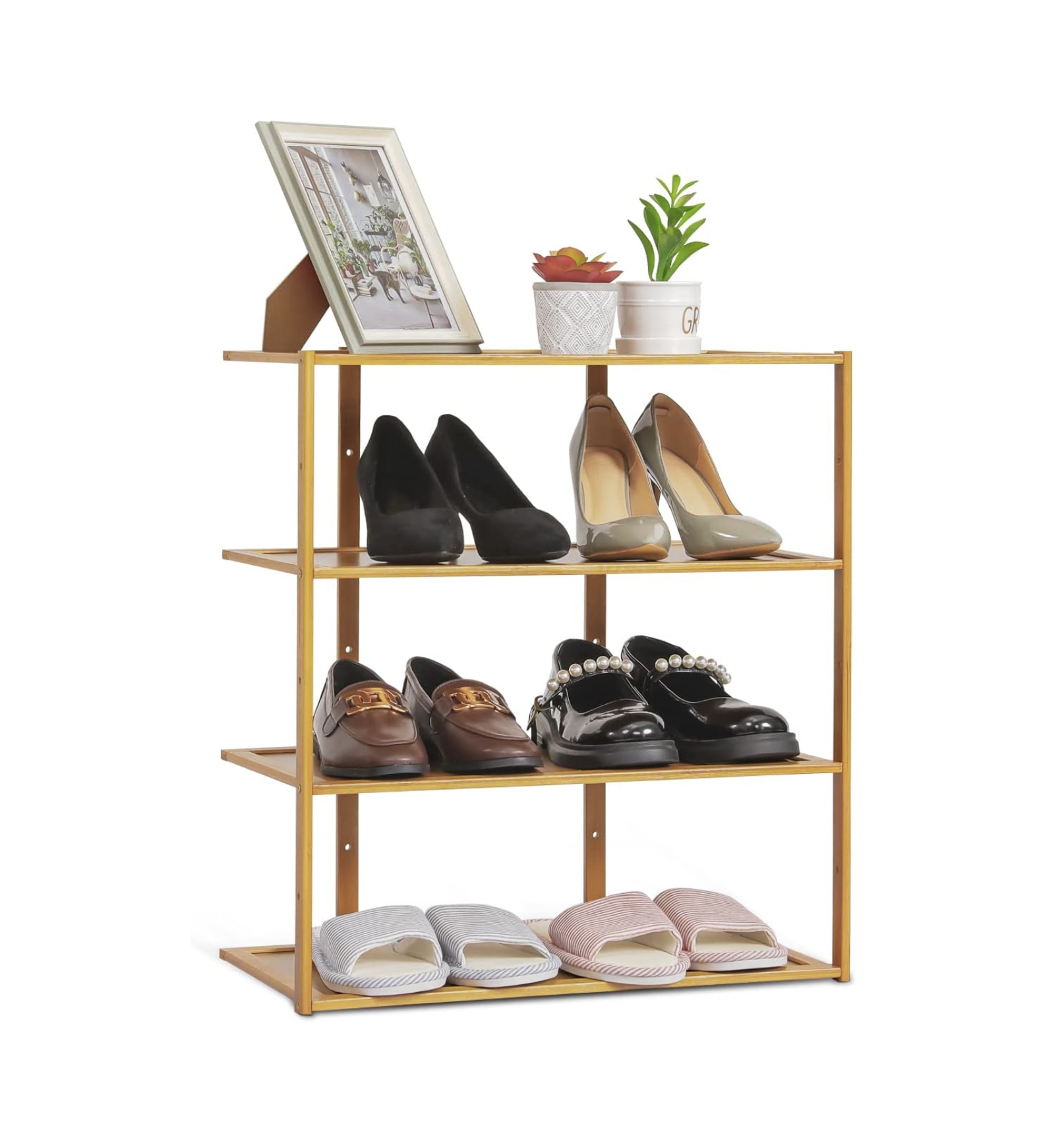 Bamboo 4 Tier Shoe Rack Vertical Shoe Storage  Stand Space Saving Shoe Organizer for Corner Bedroom Living Room,Brown