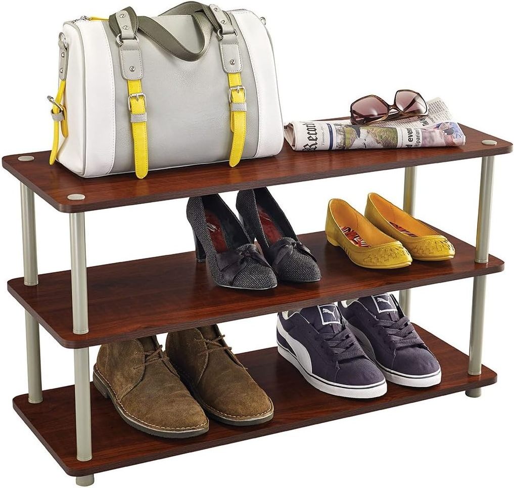 3-Tier Shelf Organizer Unit for Shoes, Accessories, Hats, Purses, Bags, in Entryway or Closet, Wood Shelves with Metal Frame,