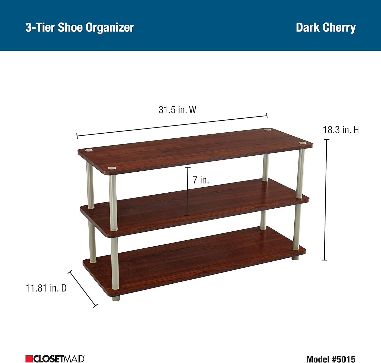 3-Tier Shelf Organizer Unit for Shoes, Accessories, Hats, Purses, Bags, in Entryway or Closet, Wood Shelves with Metal Frame,