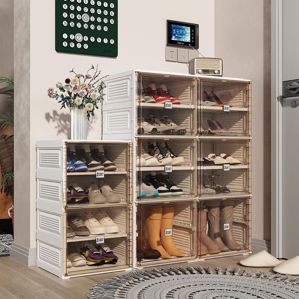 Portable Shoe Rack Organizer for Closet Entryway, Stackable Sneaker Storage Shoe Cabinet with Magnetic Clear Door