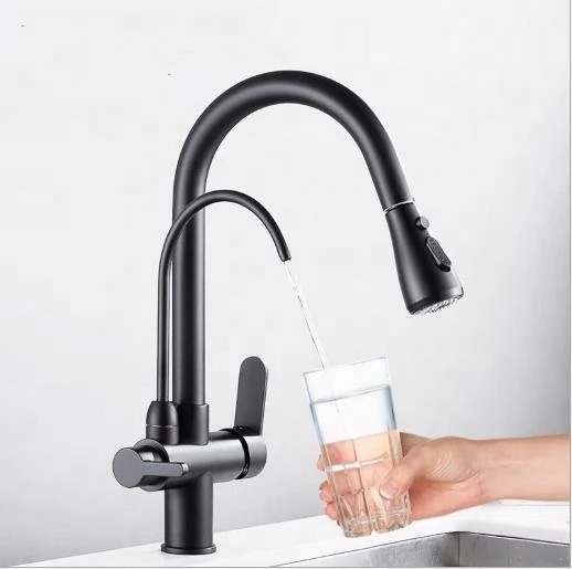 Brass 2 handles 3 way 3 in 1 Universal Swivel silicone tube Spout Drinking Water Filter Purifier Filtration kitchen faucet