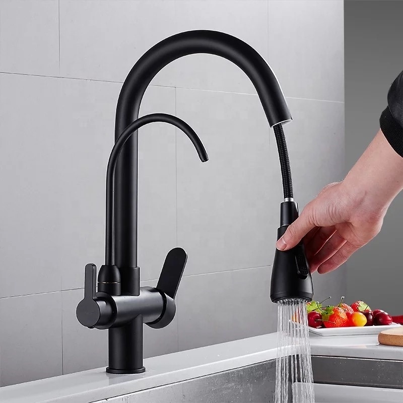 Brass 2 handles 3 way 3 in 1 Universal Swivel silicone tube Spout Drinking Water Filter Purifier Filtration kitchen faucet