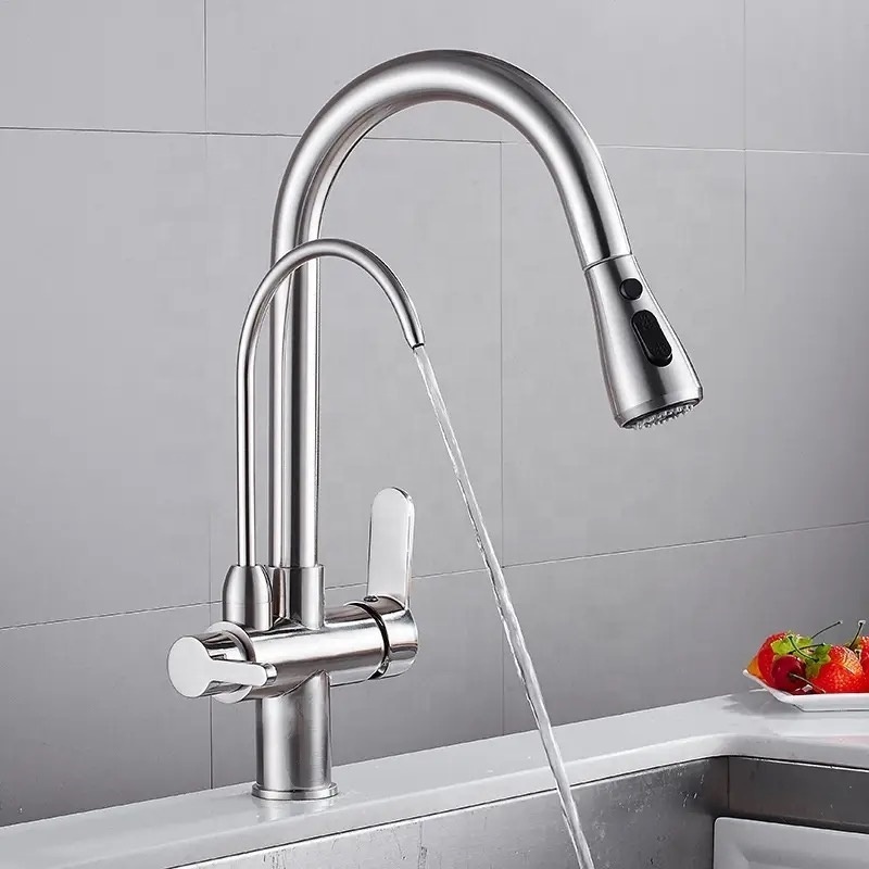 Brass 2 handles 3 way 3 in 1 Universal Swivel silicone tube Spout Drinking Water Filter Purifier Filtration kitchen faucet