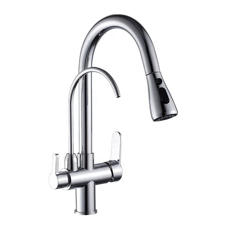 Brass 2 handles 3 way 3 in 1 Universal Swivel silicone tube Spout Drinking Water Filter Purifier Filtration kitchen faucet