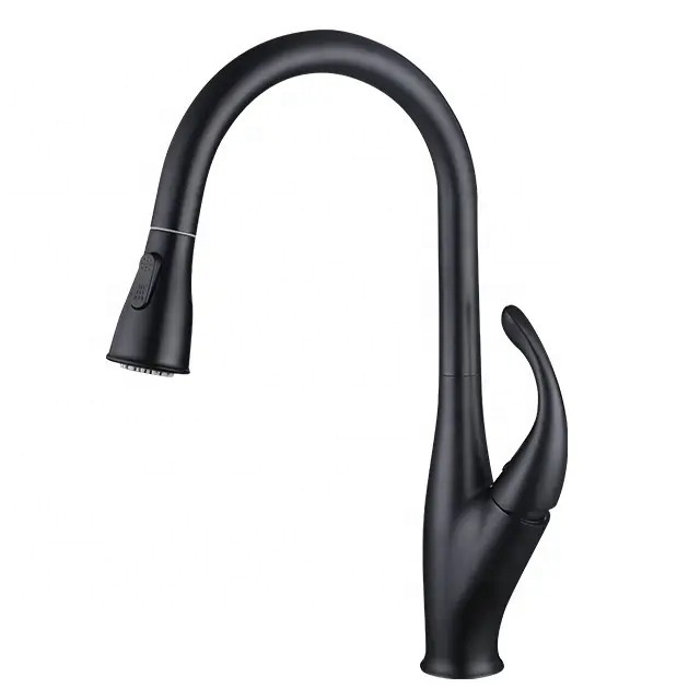 high quality hot and cold 360 degree black matte brass goose neck kitchen sink faucet with porcelain asian style pull out