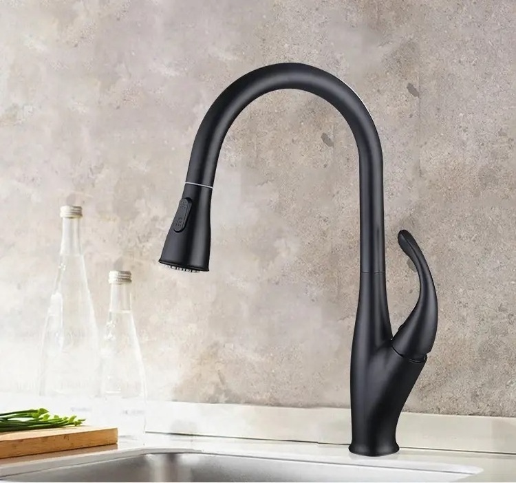 high quality hot and cold 360 degree black matte brass goose neck kitchen sink faucet with porcelain asian style pull out