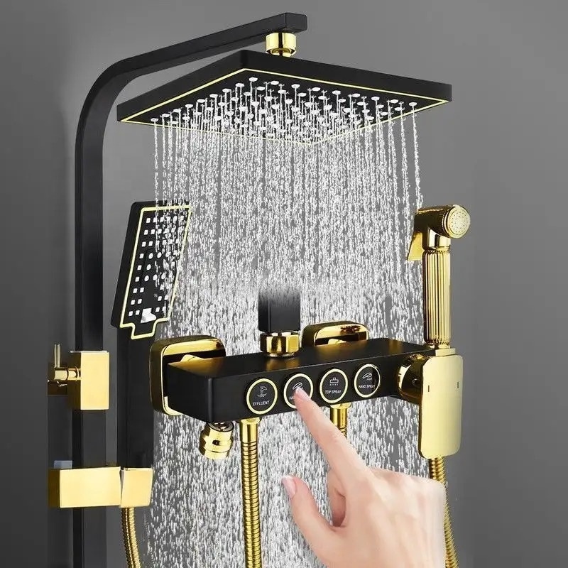 Square Bathroom Shower System Senducs Black Gold Bathtub Mixer Bath Faucet Hot Cold Bathroom Tap Thermostatic Shower Set