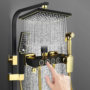 Square Bathroom Shower System Senducs Black Gold Bathtub Mixer Bath Faucet Hot Cold Bathroom Tap Thermostatic Shower Set