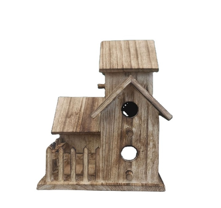 Handmade DIY Wood nest rustic hanging aviary Garden Country cottage Wooden bird house with pole outside