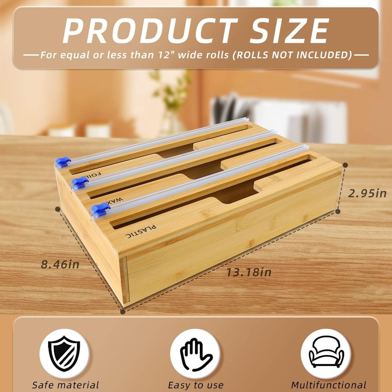 Kitchen drawer bamboo roll organizer stand 3-in-1 plastic wrap aluminum foil wax paper storage dispenser with slide cutter