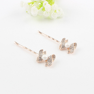 hot sale Bowknot shape hair pin girl metal alloy crystal hair clip for kids pearl bobby pin