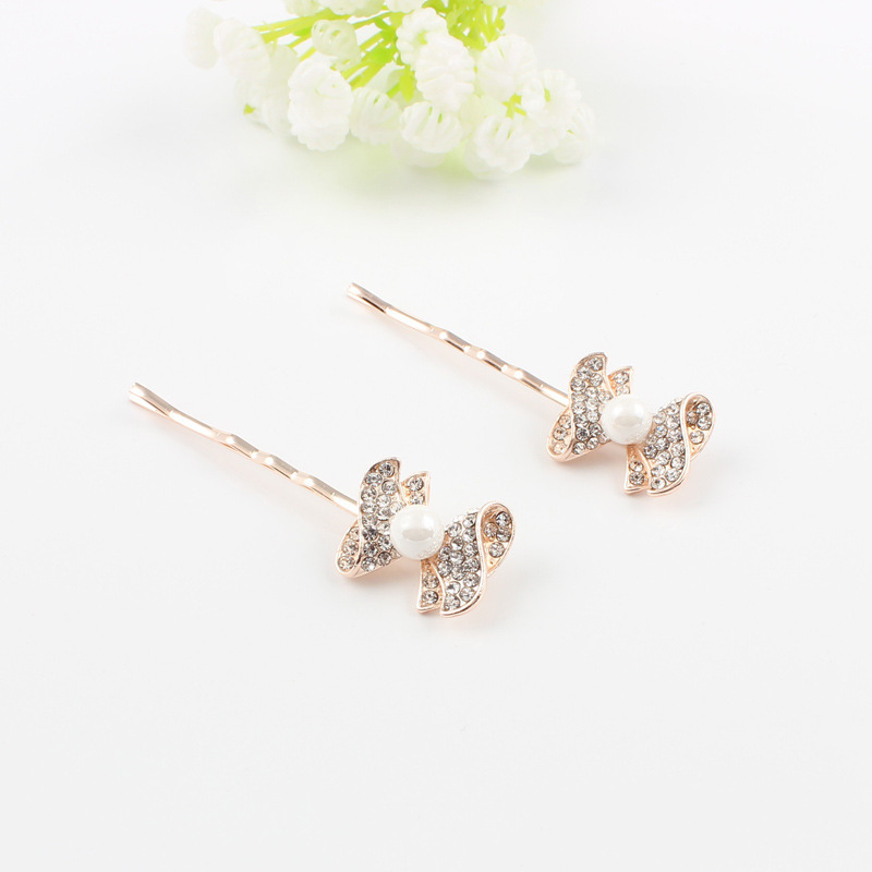 hot sale Bowknot shape hair pin girl metal alloy crystal hair clip for kids pearl bobby pin