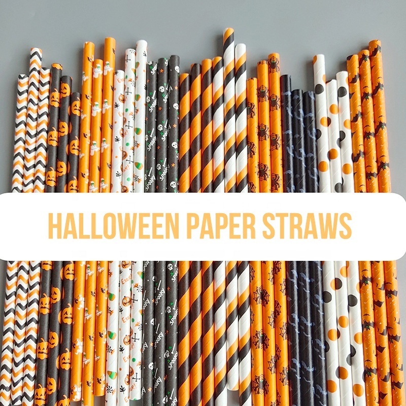 Paper Straws Drinking 6mm Black Orange Halloween Pumpkin Skeleton Spider Bat Printed Party Paper Straws 25pcs