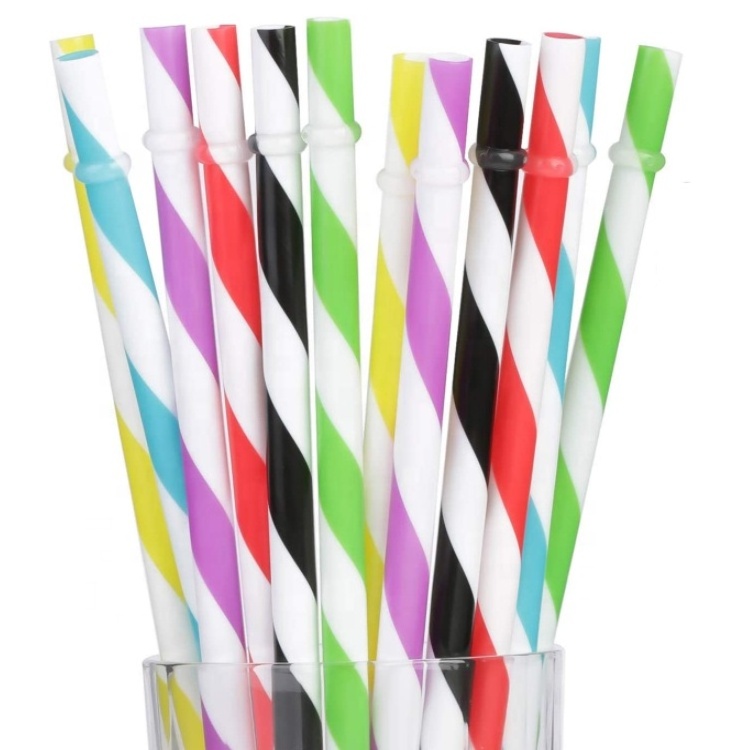 Striped Reusable Plastic Tumbler Straws Drinking Replacement with Ring 23cm