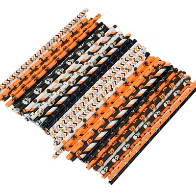 Paper Straws Drinking 6mm Black Orange Halloween Pumpkin Skeleton Spider Bat Printed Party Paper Straws 25pcs