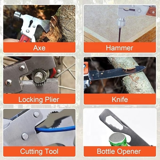 Multitool Hammer AXE Camping Gear Accessories Survival Kits Multifunction Tool Portable Folding Wood Handle Stainless Steel