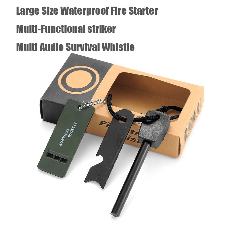 Fire Starter with Striker Lanyard and Whistle Waterproof Flint Fire Steel Survival Lighter for Camping Hiking Backpacking Gear