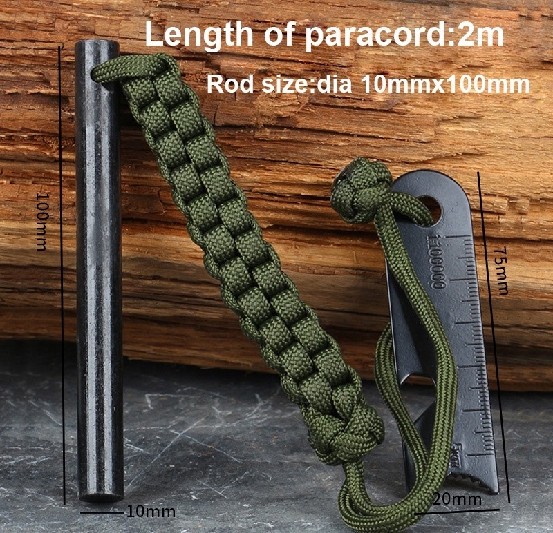 10cmx10mm fire starter Fire Steel with 2m paracord Survival Ferrocerium Flint Fire Starter magnesium Rod and Striker