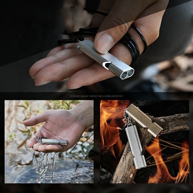 HOT sale Dual-tube Survival Aluminum Safety Whistle Outdoor Hiking Camping Safe Emergency Whistle With Key Chain