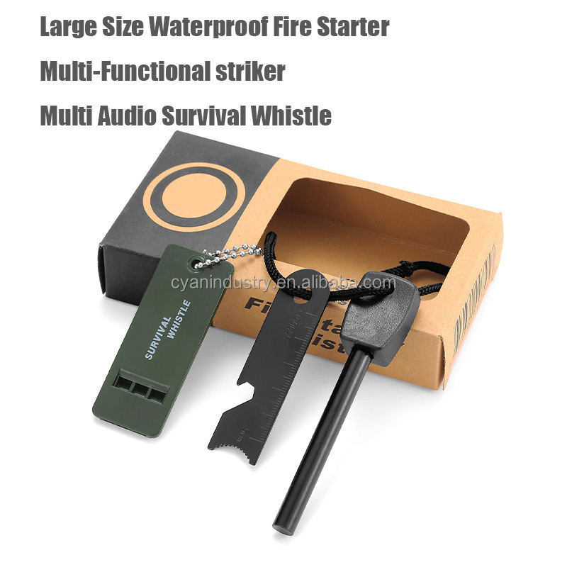 Fire Starter with Striker Lanyard and Whistle Waterproof Flint Fire Steel Survival Lighter for Camping Hiking Backpacking Gear