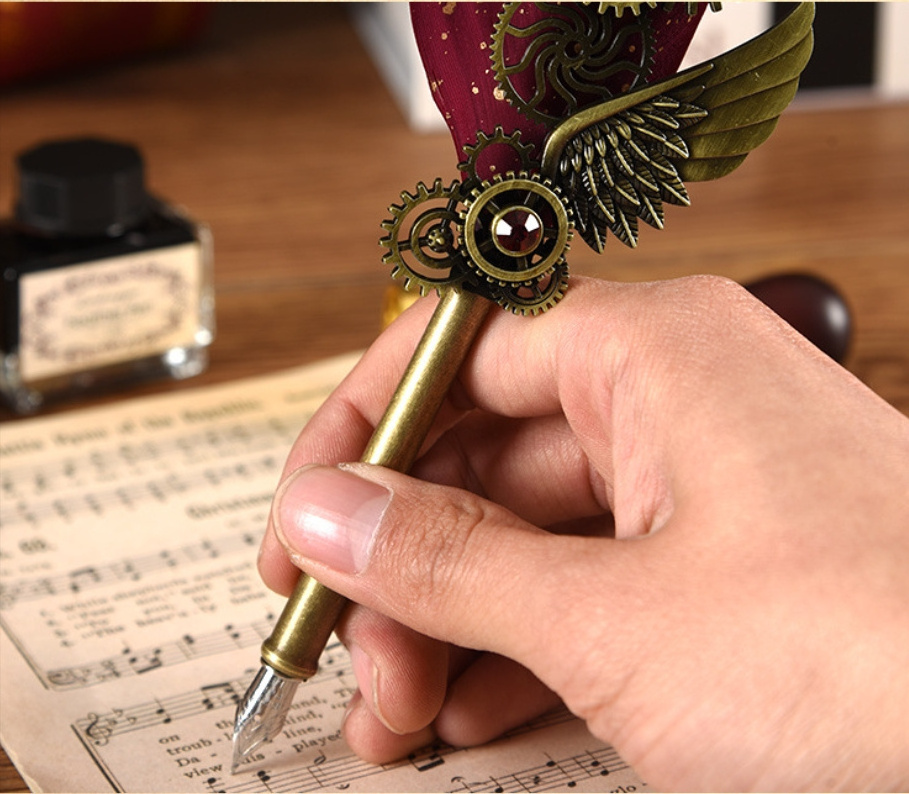 Hot sale new vintage calligraphy pen vintage feather pen gift set with seal wax stamp