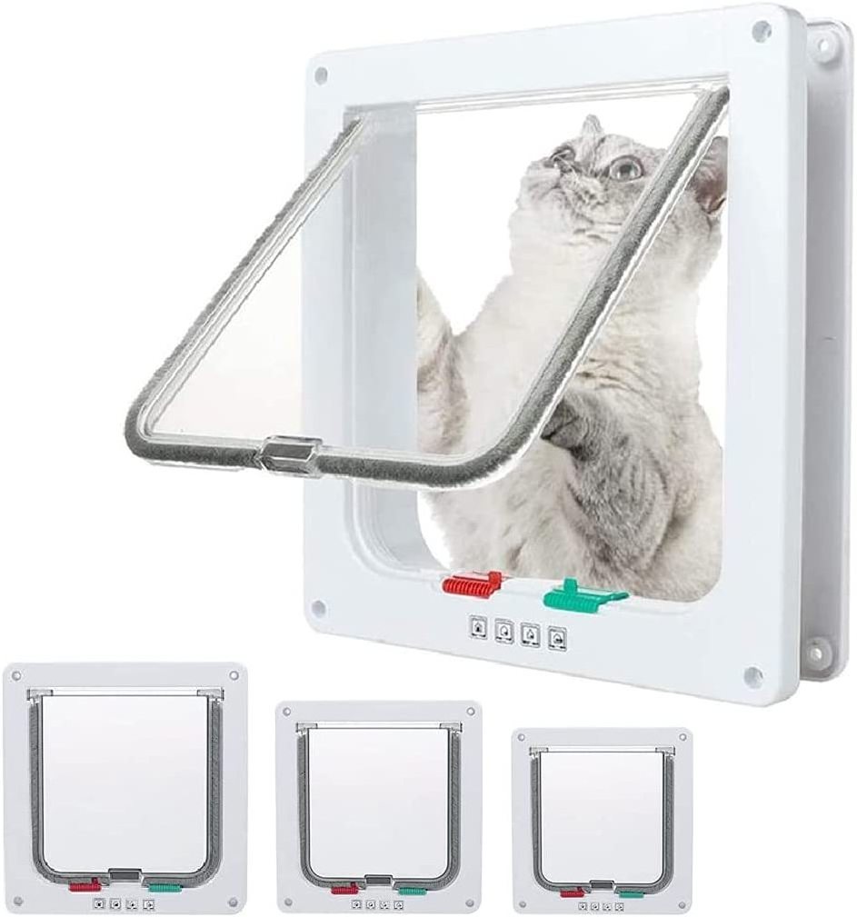 Cat Door Flap Large  4 Way Locking for Interior Exterior Doors  Weatherproof Pet Door for Cats Doggie Kittens