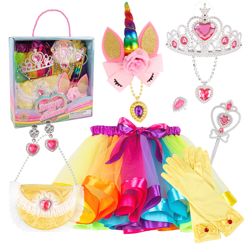 Girls Pretend Play Dress Up Party Rainbow Tutu Skirt Set Princess Crown Magic Stick Handbag Toys For Children Role Play