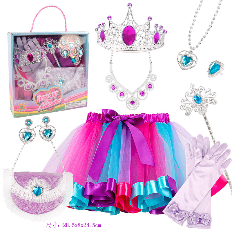 Girls Pretend Play Dress Up Party Rainbow Tutu Skirt Set Princess Crown Magic Stick Handbag Toys For Children Role Play