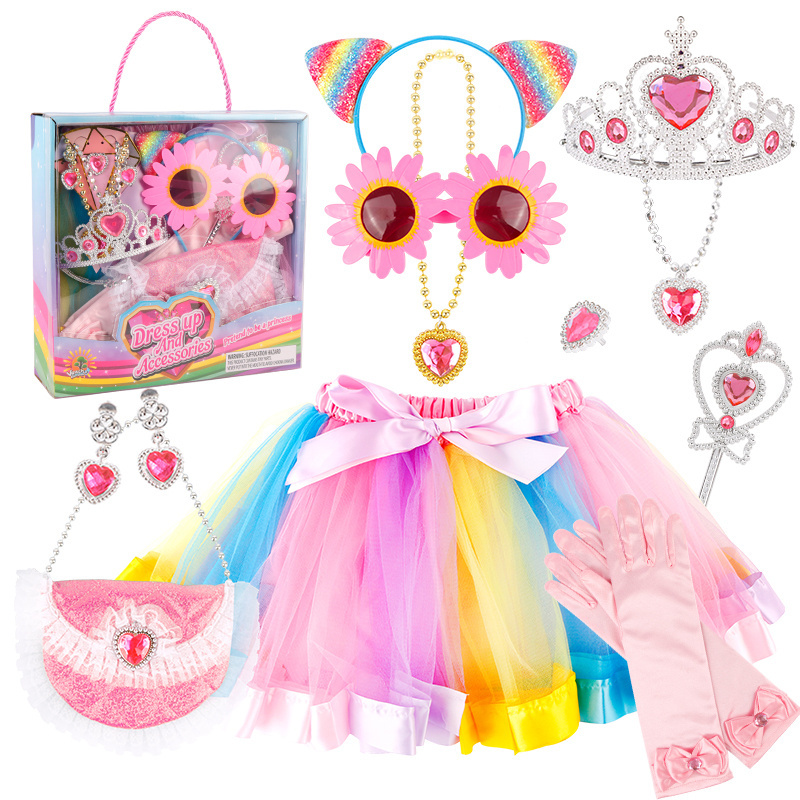 Girls Pretend Play Dress Up Party Rainbow Tutu Skirt Set Princess Crown Magic Stick Handbag Toys For Children Role Play