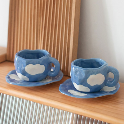 Japanese Hand Painted The Blue Sky and White Clouds Coffee Cup With Saucer Ceramic Handmade Tea Cup Saucer Set Cute Gift For Her