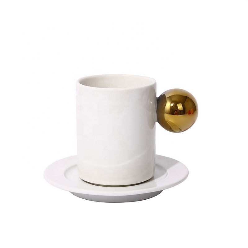 European Small Luxury Mug and Saucer with Gold Painted Round Handle Creative Ceramic Coffee Cup Set Couples Espresso Cups Gifts