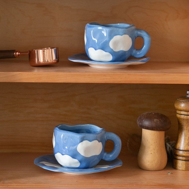 Japanese Hand Painted The Blue Sky and White Clouds Coffee Cup With Saucer Ceramic Handmade Tea Cup Saucer Set Cute Gift For Her