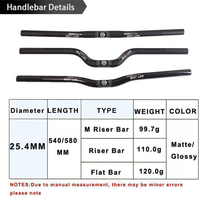 OEM/ODM BUCKLOS Guidon Vtt 25.4mm*540/580mm Riser/flat Mountain Bike Handle Bar Mtb Bicycle Parts Carbon Fiber Road Handlebars