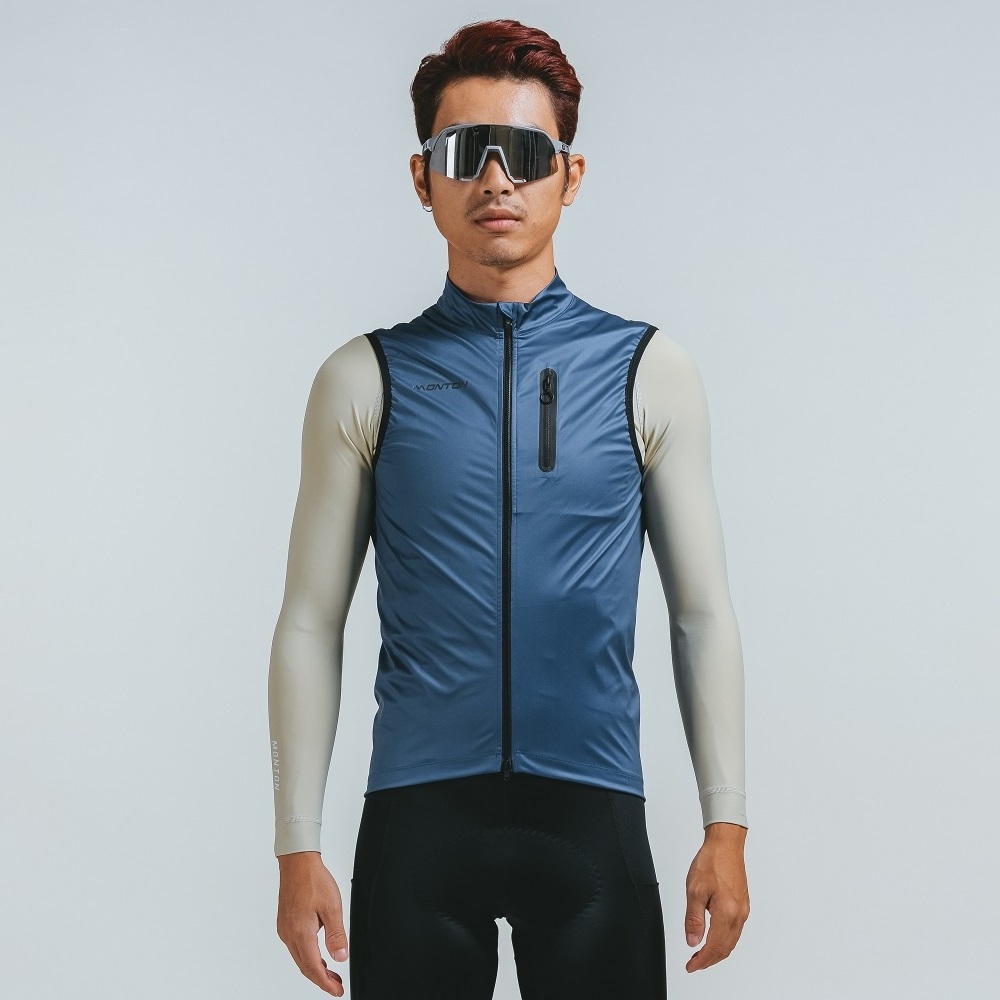 Wholesale Windproof Mens Bike Gilet Cycling Vest with Pockets Blue 2 Way zipper Packable Custom Biking Clothing