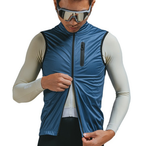 Wholesale Windproof Mens Bike Gilet Cycling Vest with Pockets Blue 2 Way zipper Packable Custom Biking Clothing