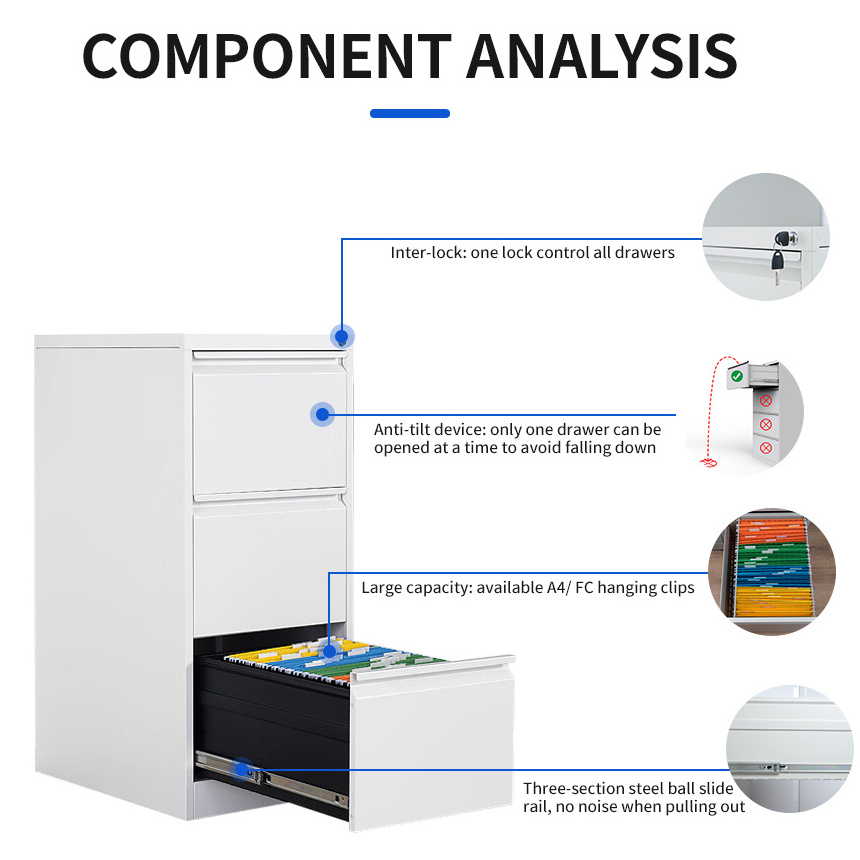 Large Capacity Steel Filing Cabinet with 3 Drawers Office Furniture Metal File Organizer
