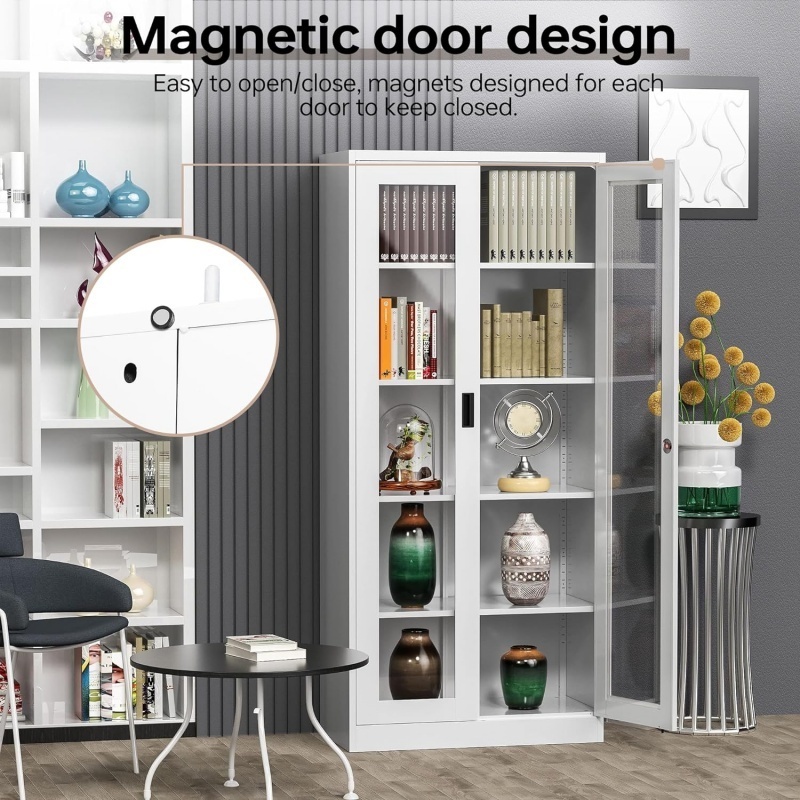 Top-Ranked Modern Steel Locker Wardrobe with Adjustable Bookshelf Glass Display Clothes Storage File Cabinet Home Hotel Office