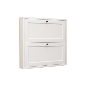 White 2-Tier Freestanding Shoe Storage Cabinet with 2 Flip Metal Drawers Slim Entryway Organizer for Hallway Living Room