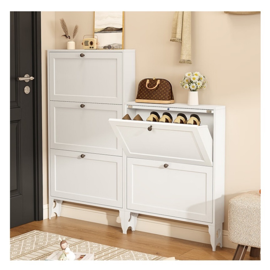 White 2-Tier Freestanding Shoe Storage Cabinet with 2 Flip Metal Drawers Slim Entryway Organizer for Hallway Living Room