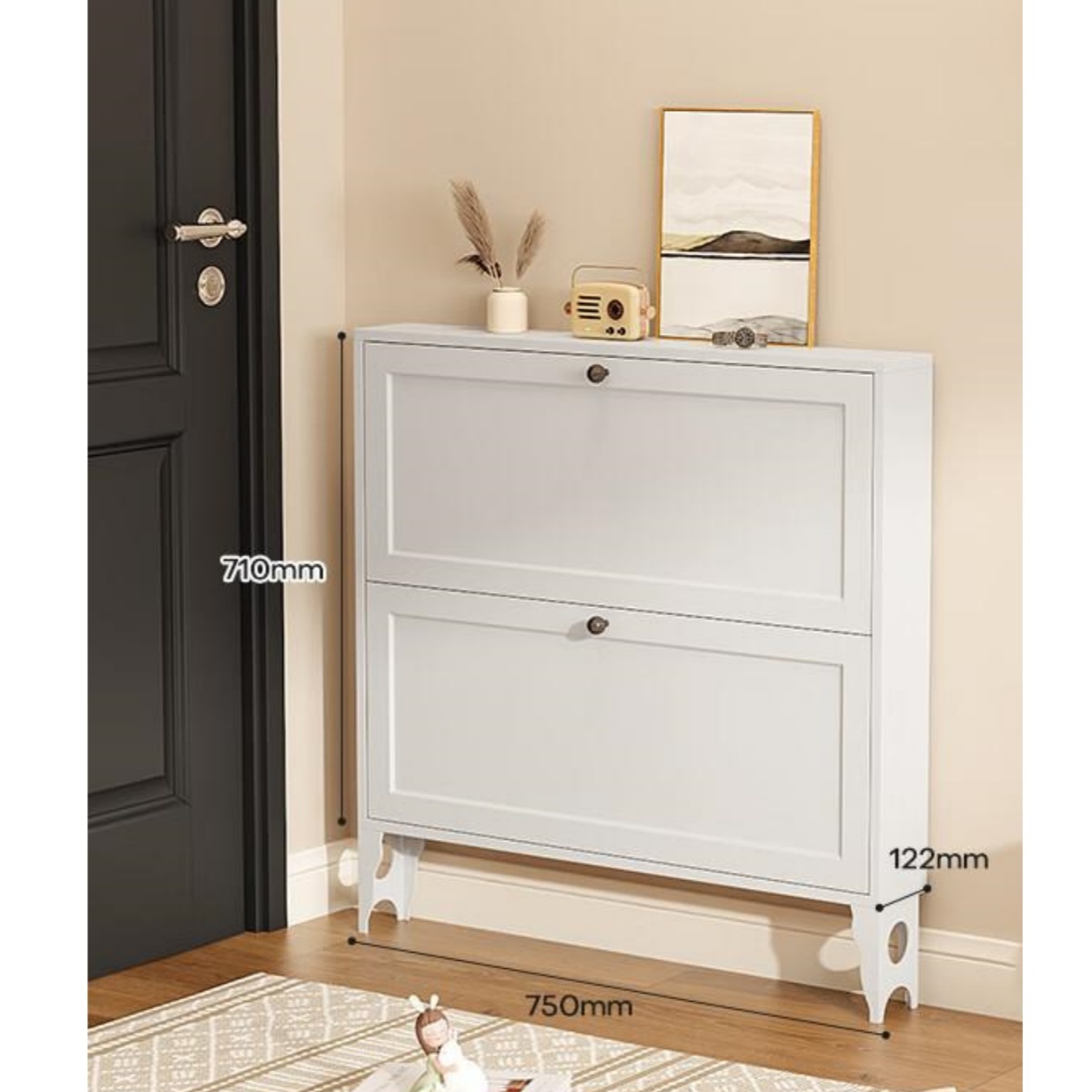 White 2-Tier Freestanding Shoe Storage Cabinet with 2 Flip Metal Drawers Slim Entryway Organizer for Hallway Living Room