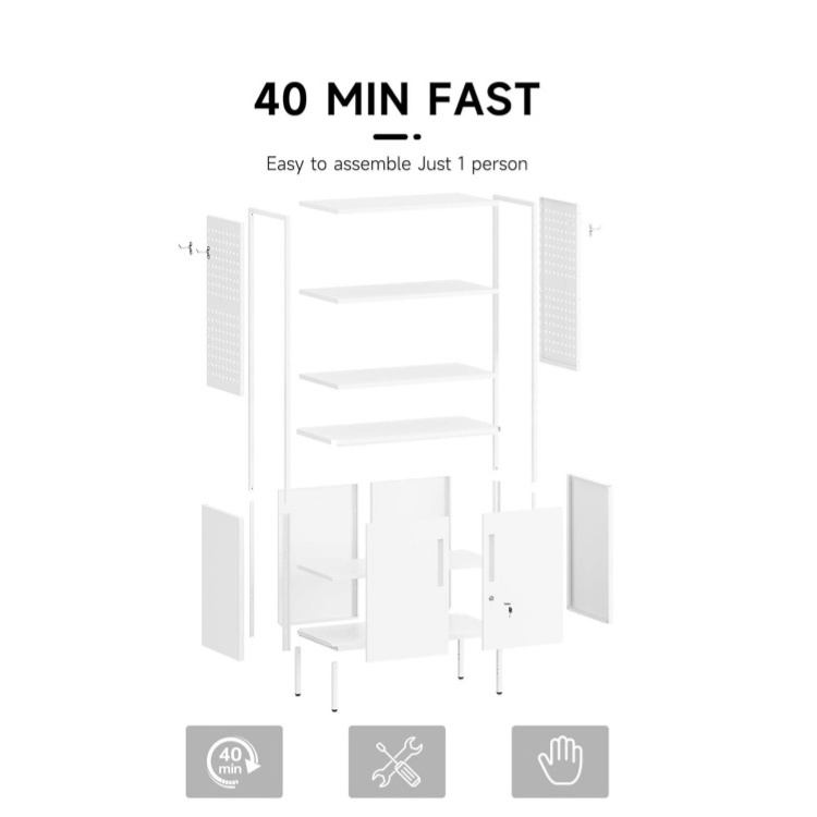 5-Tier Industrial Metal Bookcase Tall Standing Shelf Units with Doors Lock & Pegboard for Book Storage Display