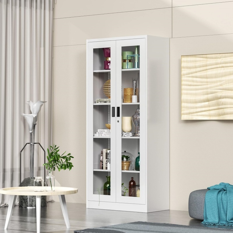 Top-Ranked Modern Steel Locker Wardrobe with Adjustable Bookshelf Glass Display Clothes Storage File Cabinet Home Hotel Office