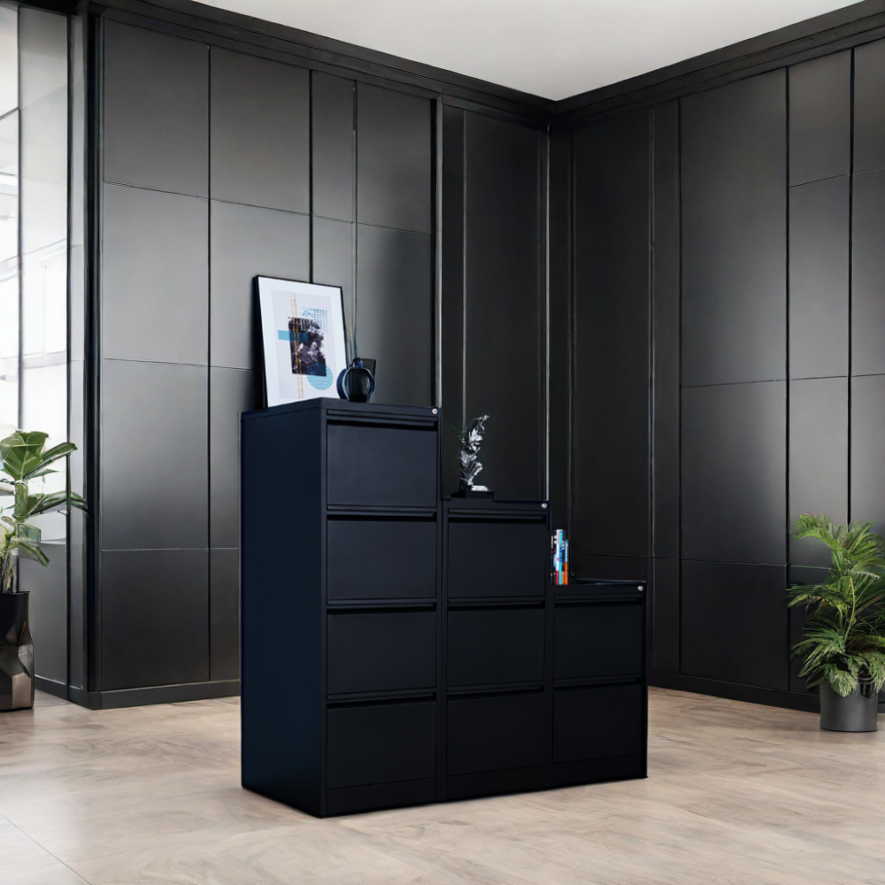 Large Capacity Black Metal Filing Cabinet with 3 Drawers Office Furniture Steel Storage Unit